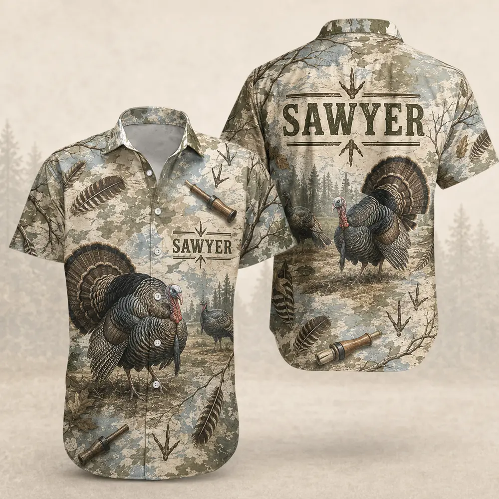 Personalized Turkey Hunting Hawaiian Shirt For Men And Women, Short Sleeve Woodland Wildlife Print, Custom Name Summer Button Down - Style 10