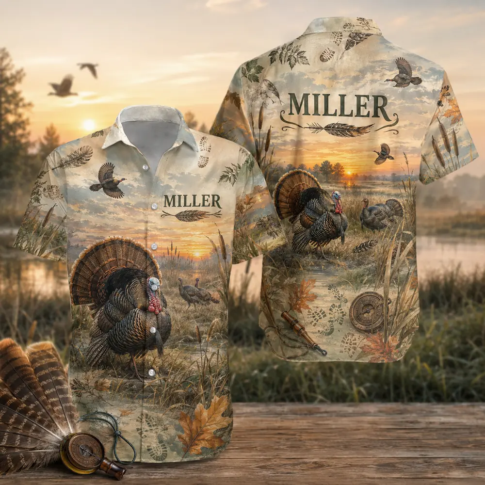 Personalized Turkey Hunting Hawaiian Shirt For Men And Women, Short Sleeve Woodland Wildlife Print, Custom Name Summer Button Down - Style 2