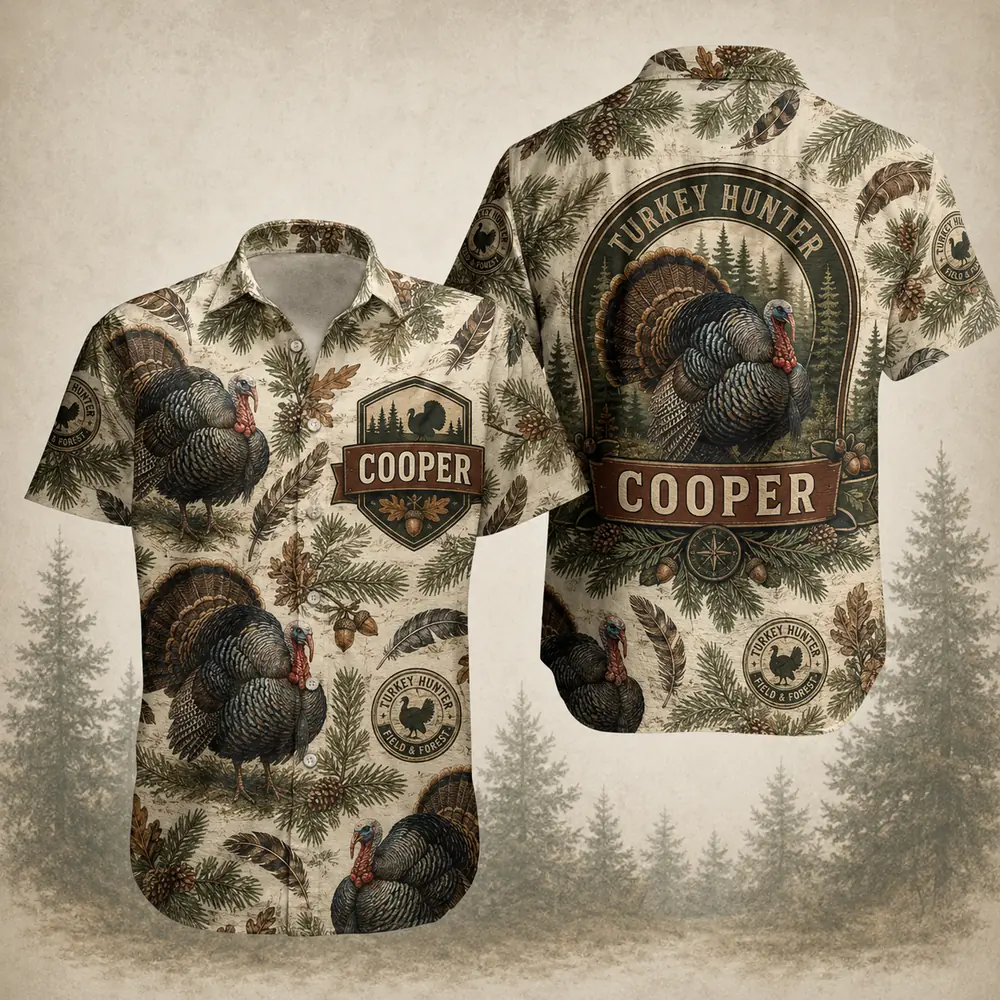 Personalized Turkey Hunting Hawaiian Shirt For Men And Women, Short Sleeve Woodland Wildlife Print, Custom Name Summer Button Down - Style 3