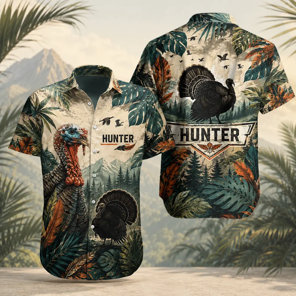 Personalized Turkey Hunting Hawaiian Shirt For Men And Women, Short Sleeve Woodland Wildlife Print, Custom Name Summer Button Down - Style 4