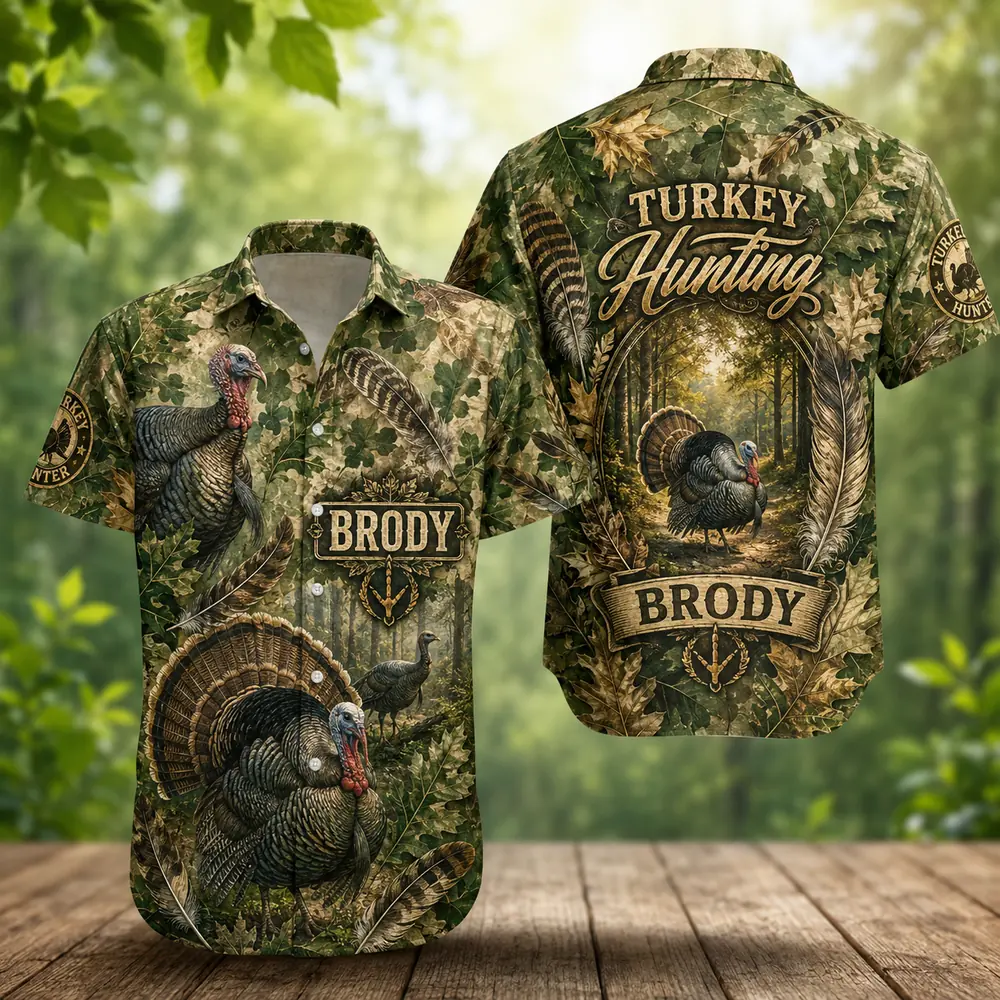 Personalized Turkey Hunting Hawaiian Shirt For Men And Women, Short Sleeve Woodland Wildlife Print, Custom Name Summer Button Down - Style 5