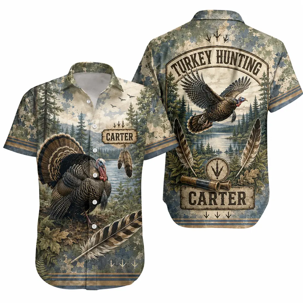 Personalized Turkey Hunting Hawaiian Shirt For Men And Women, Short Sleeve Woodland Wildlife Print, Custom Name Summer Button Down - Style 7
