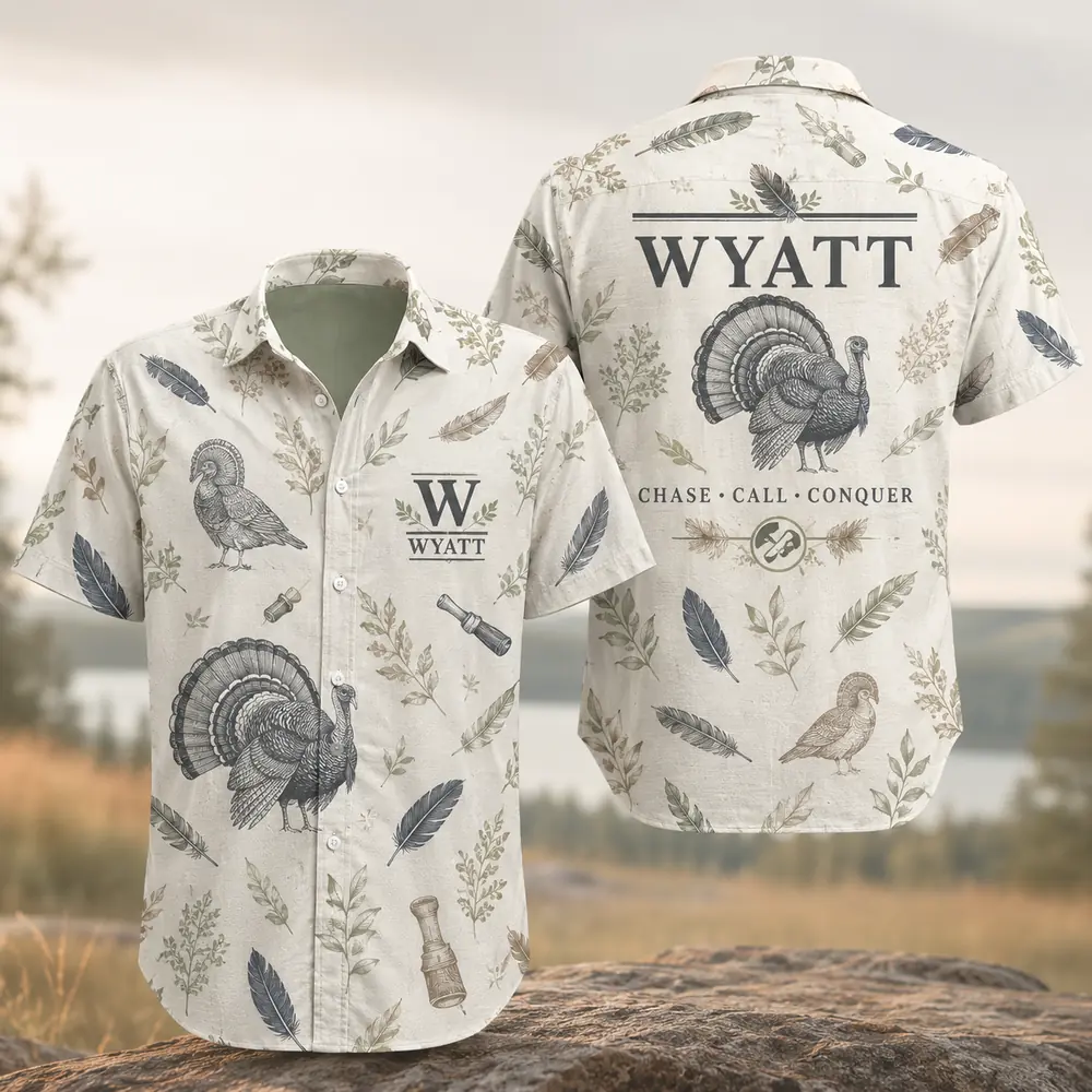 Personalized Turkey Hunting Hawaiian Shirt For Men And Women, Short Sleeve Woodland Wildlife Print, Custom Name Summer Button Down - Style 8