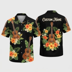 Personalized Ukulele Floral Hawaiian Shirt For Men And Women, Short Sleeve Musical Tropical Island Print, Custom Name Summer Button Down