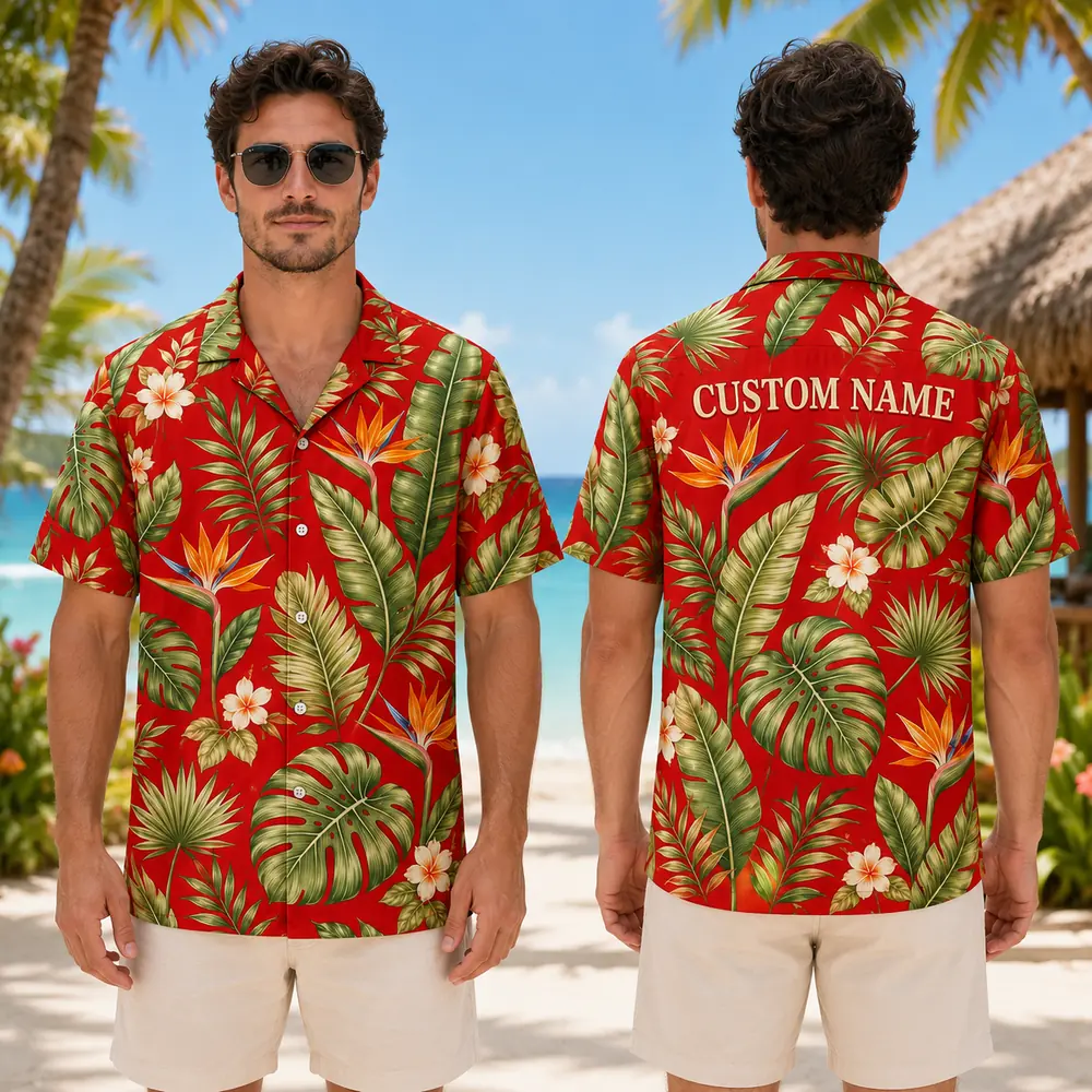 Personalized Vibrant Red Tropical Floral Hawaiian Shirt For Men And Women, Short Sleeve Bold Island Vacation Print, Custom Name Summer Button Down - View 1