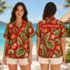 Personalized Vibrant Red Tropical Floral Hawaiian Shirt For Men And Women, Short Sleeve Bold Island Vacation Print, Custom Name Summer Button Down - View 2