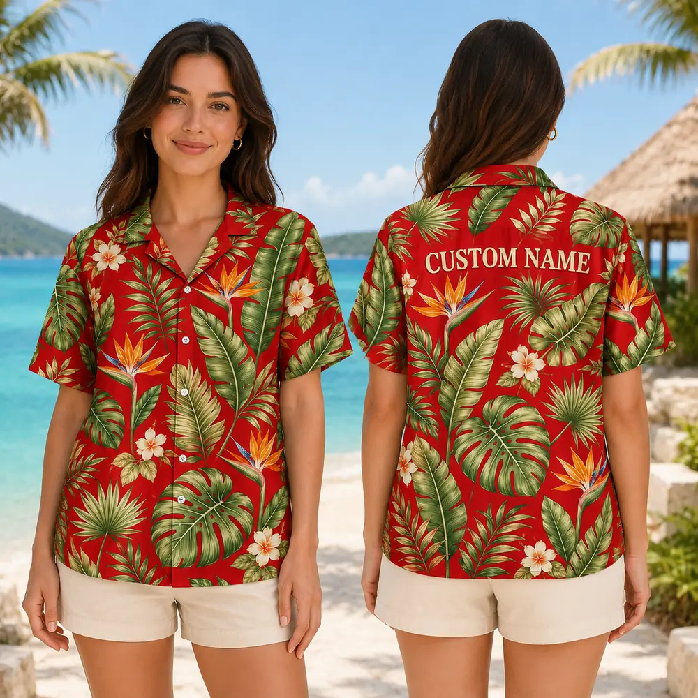 Personalized Vibrant Red Tropical Floral Hawaiian Shirt For Men And Women, Short Sleeve Bold Island Vacation Print, Custom Name Summer Button Down - View 2