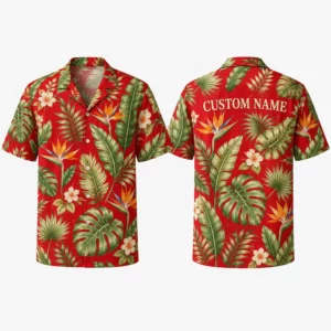 Personalized Vibrant Red Tropical Floral Hawaiian Shirt For Men And Women, Short Sleeve Bold Island Vacation Print, Custom Name Summer Button Down