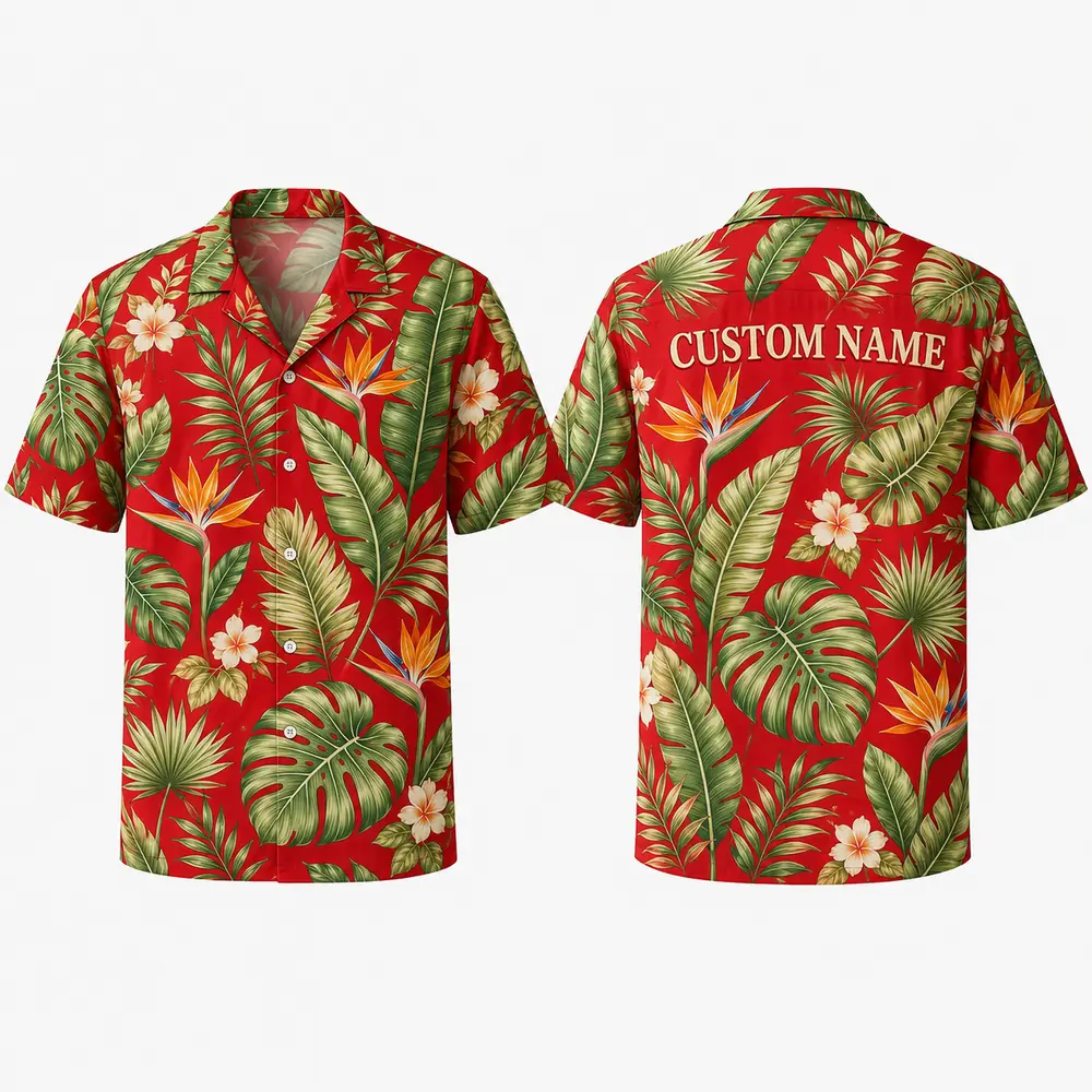 Personalized Vibrant Red Tropical Floral Hawaiian Shirt For Men And Women, Short Sleeve Bold Island Vacation Print, Custom Name Summer Button Down