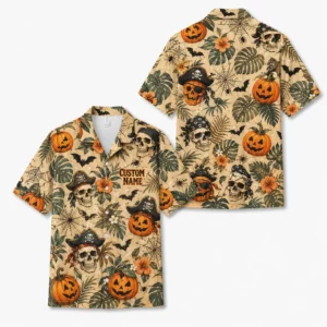 Personalized Vintage Halloween Aloha Hawaiian Shirt For Men Women, Short Sleeve Spooky Fall Festival Vacation Print, Custom Name Button Down - Style 1