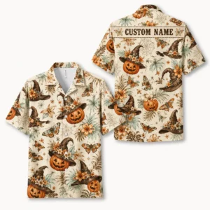 Personalized Vintage Halloween Aloha Hawaiian Shirt For Men Women, Short Sleeve Spooky Fall Festival Vacation Print, Custom Name Button Down - Style 2