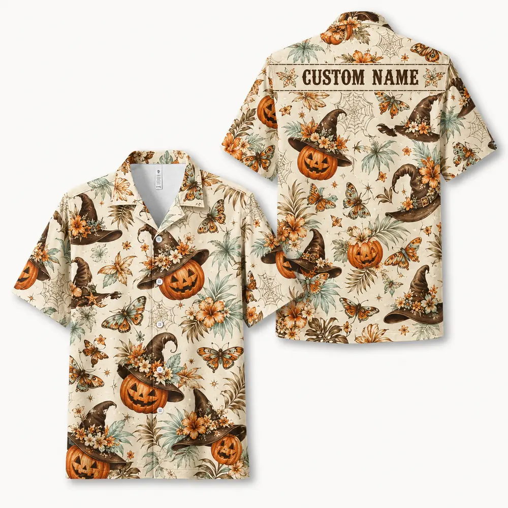 Personalized Vintage Halloween Aloha Hawaiian Shirt For Men Women, Short Sleeve Spooky Fall Festival Vacation Print, Custom Name Button Down - Style 2