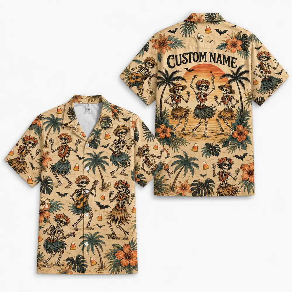 Personalized Vintage Halloween Aloha Hawaiian Shirt For Men Women, Short Sleeve Spooky Fall Festival Vacation Print, Custom Name Button Down - Style 3