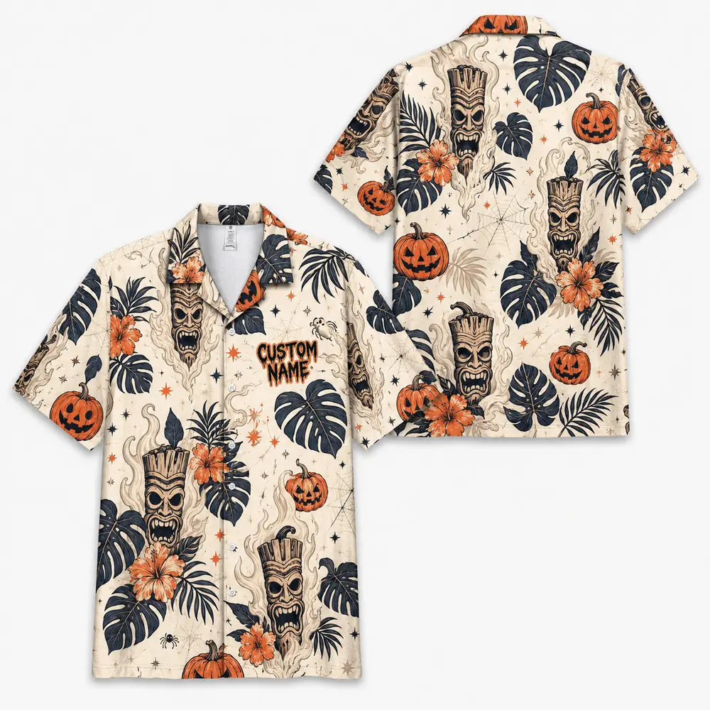 Personalized Vintage Halloween Aloha Hawaiian Shirt For Men Women, Short Sleeve Spooky Fall Festival Vacation Print, Custom Name Button Down - Style 4