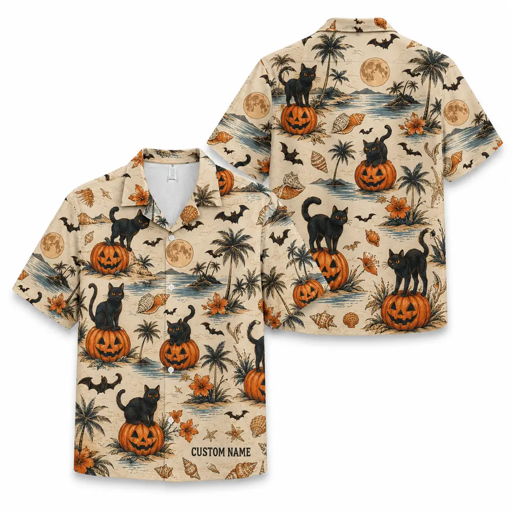 Personalized Vintage Halloween Aloha Hawaiian Shirt For Men Women, Short Sleeve Spooky Fall Festival Vacation Print, Custom Name Button Down - Style 5