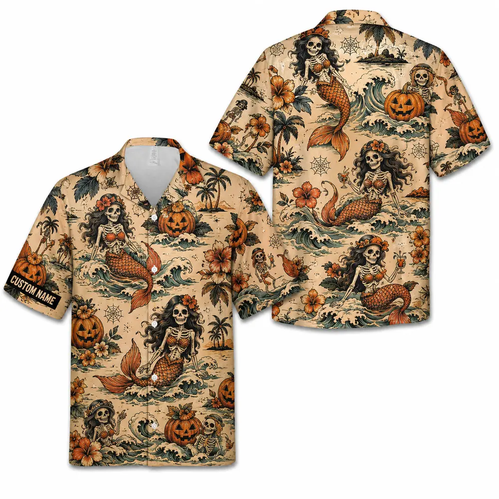 Personalized Vintage Halloween Aloha Hawaiian Shirt For Men Women, Short Sleeve Spooky Fall Festival Vacation Print, Custom Name Button Down - Style 6
