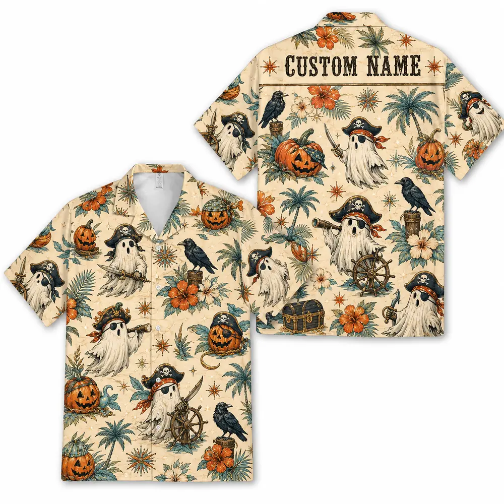 Personalized Vintage Halloween Aloha Hawaiian Shirt For Men Women, Short Sleeve Spooky Fall Festival Vacation Print, Custom Name Button Down - Style 7
