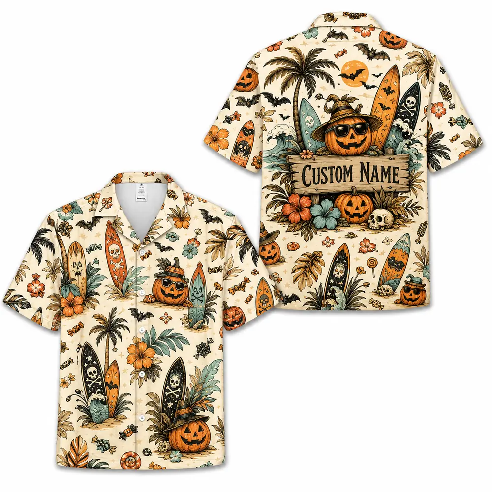 Personalized Vintage Halloween Aloha Hawaiian Shirt For Men Women, Short Sleeve Spooky Fall Festival Vacation Print, Custom Name Button Down - Style 8