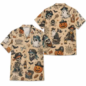 Personalized Vintage Halloween Pirate Hawaiian Shirt, Spooky Skeleton Aloha Shirt, Custom Name Festival Party Shirt For Men And Women - Style 1