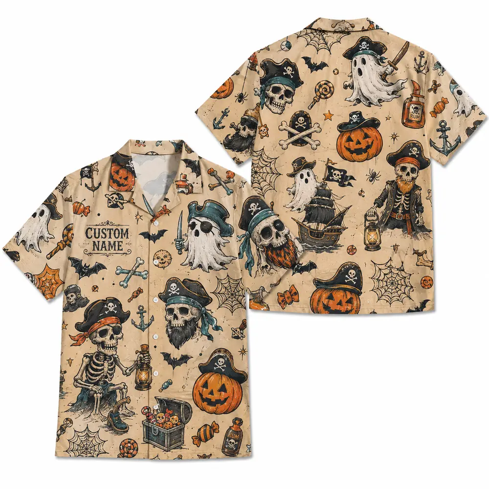 Personalized Vintage Halloween Pirate Hawaiian Shirt, Spooky Skeleton Aloha Shirt, Custom Name Festival Party Shirt For Men And Women - Style 1
