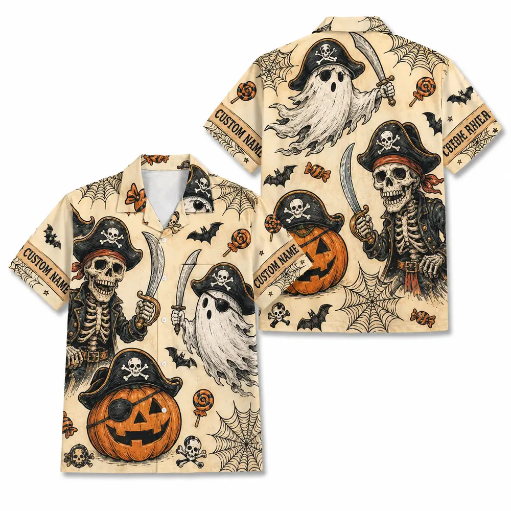 Personalized Vintage Halloween Pirate Hawaiian Shirt, Spooky Skeleton Aloha Shirt, Custom Name Festival Party Shirt For Men And Women - Style 3
