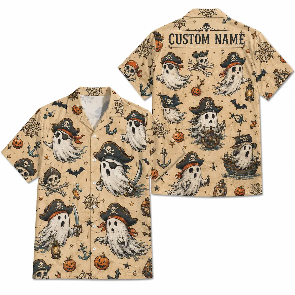 Personalized Vintage Halloween Pirate Hawaiian Shirt, Spooky Skeleton Aloha Shirt, Custom Name Festival Party Shirt For Men And Women - Style 4