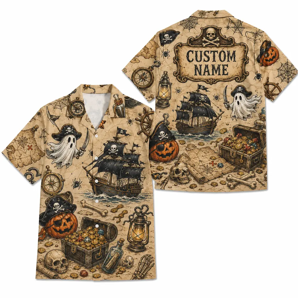 Personalized Vintage Halloween Pirate Hawaiian Shirt, Spooky Skeleton Aloha Shirt, Custom Name Festival Party Shirt For Men And Women - Style 5