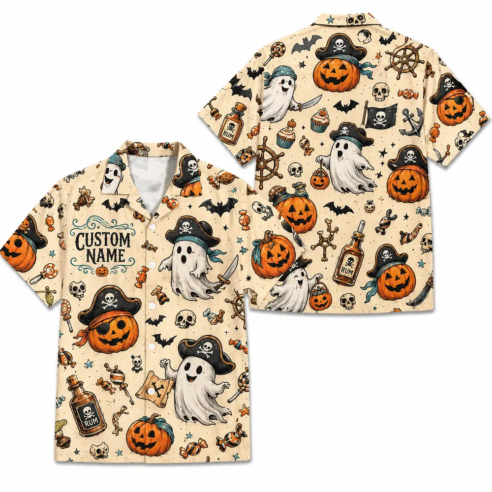 Personalized Vintage Halloween Pirate Hawaiian Shirt, Spooky Skeleton Aloha Shirt, Custom Name Festival Party Shirt For Men And Women - Style 6