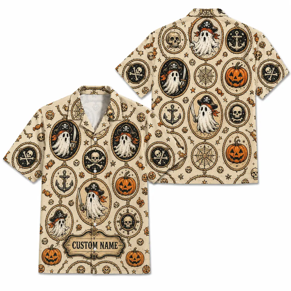 Personalized Vintage Halloween Pirate Hawaiian Shirt, Spooky Skeleton Aloha Shirt, Custom Name Festival Party Shirt For Men And Women - Style 7
