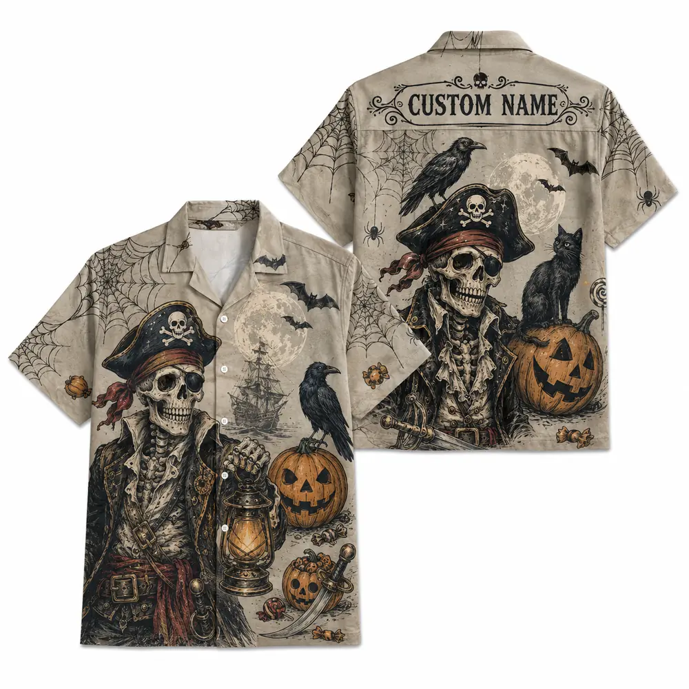 Personalized Vintage Halloween Pirate Hawaiian Shirt, Spooky Skeleton Aloha Shirt, Custom Name Festival Party Shirt For Men And Women - Style 8