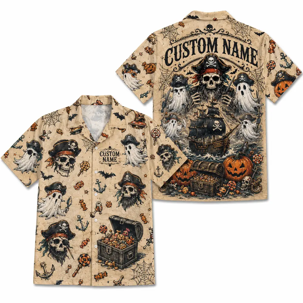 Personalized Vintage Halloween Pirate Hawaiian Shirt, Spooky Skeleton Aloha Shirt, Custom Name Festival Party Shirt For Men And Women - Style 9