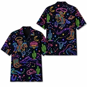 Personalized Western Cowboy Neon Hawaiian Shirt For Men And Women, Short Sleeve Funny Retro Desert Night, Custom Name Summer Button Down - Style 1