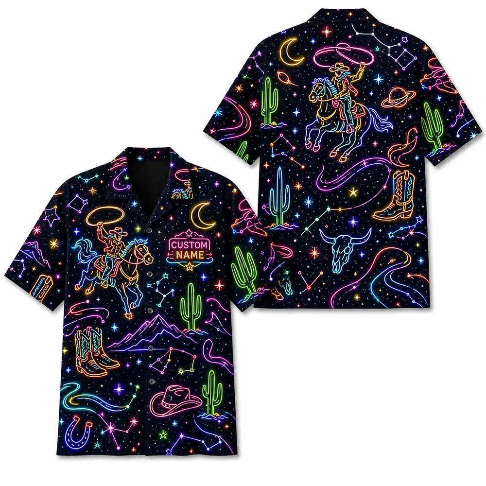 Personalized Western Cowboy Neon Hawaiian Shirt For Men And Women, Short Sleeve Funny Retro Desert Night, Custom Name Summer Button Down - Style 1