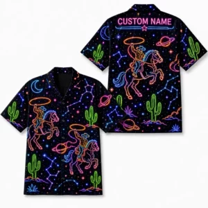 Personalized Western Cowboy Neon Hawaiian Shirt For Men And Women, Short Sleeve Funny Retro Desert Night, Custom Name Summer Button Down - Style 2
