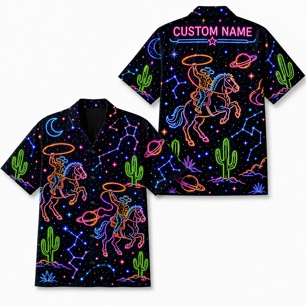 Personalized Western Cowboy Neon Hawaiian Shirt For Men And Women, Short Sleeve Funny Retro Desert Night, Custom Name Summer Button Down - Style 2