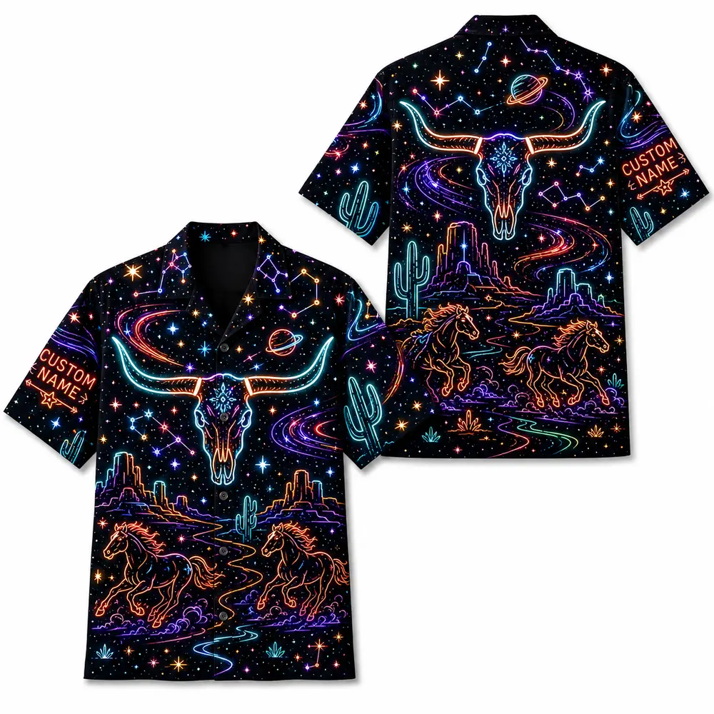 Personalized Western Cowboy Neon Hawaiian Shirt For Men And Women, Short Sleeve Funny Retro Desert Night, Custom Name Summer Button Down - Style 3