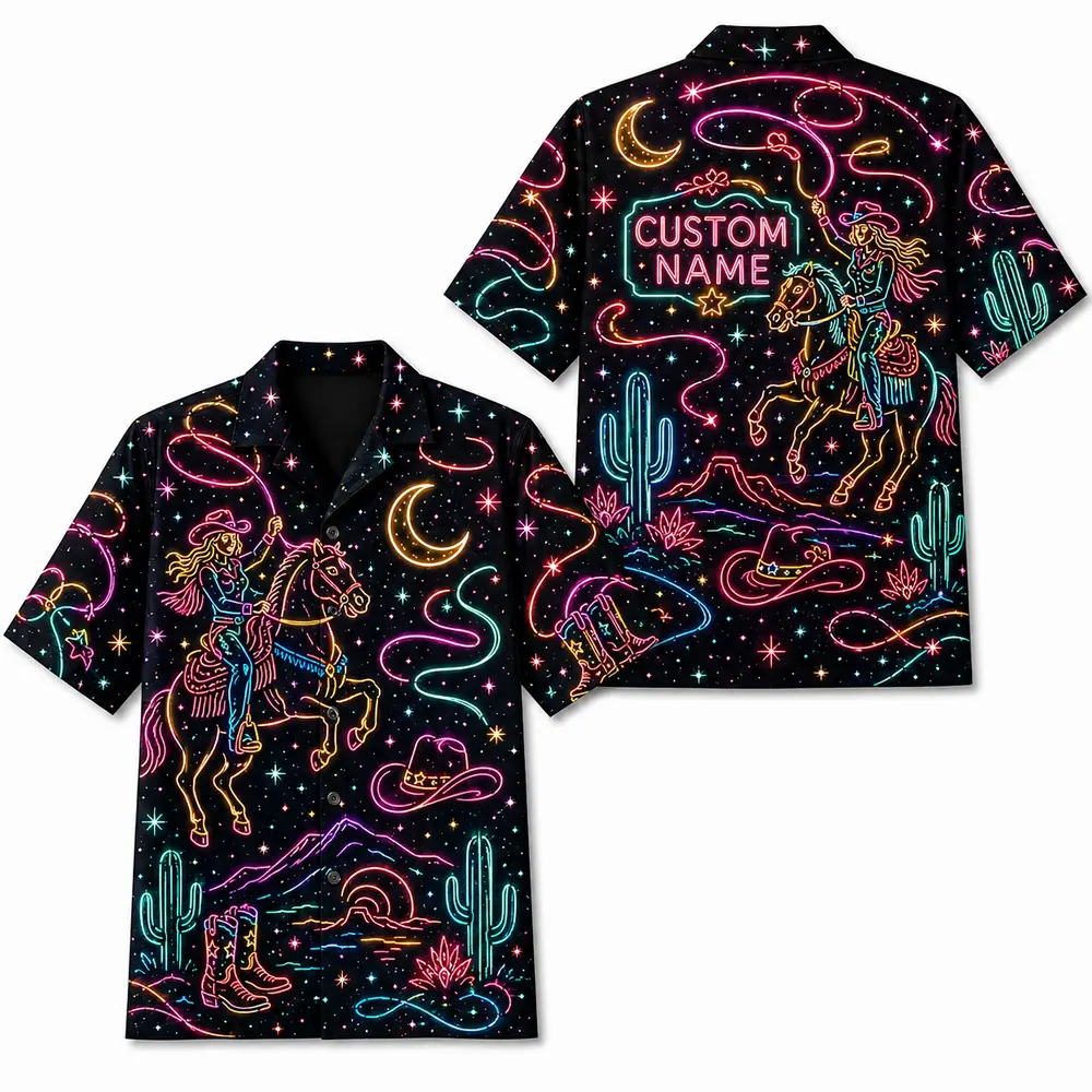 Personalized Western Cowboy Neon Hawaiian Shirt For Men And Women, Short Sleeve Funny Retro Desert Night, Custom Name Summer Button Down - Style 4