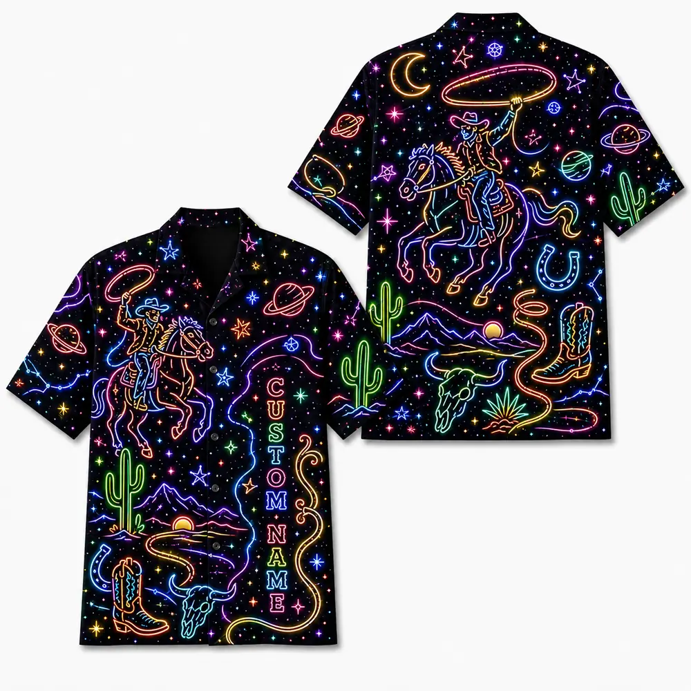 Personalized Western Cowboy Neon Hawaiian Shirt For Men And Women, Short Sleeve Funny Retro Desert Night, Custom Name Summer Button Down - Style 6