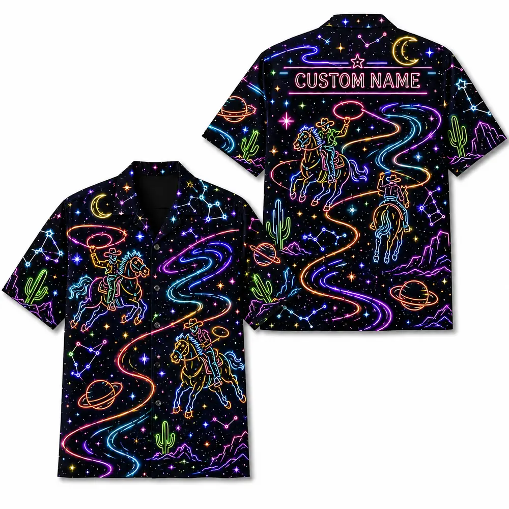 Personalized Western Cowboy Neon Hawaiian Shirt For Men And Women, Short Sleeve Funny Retro Desert Night, Custom Name Summer Button Down - Style 7