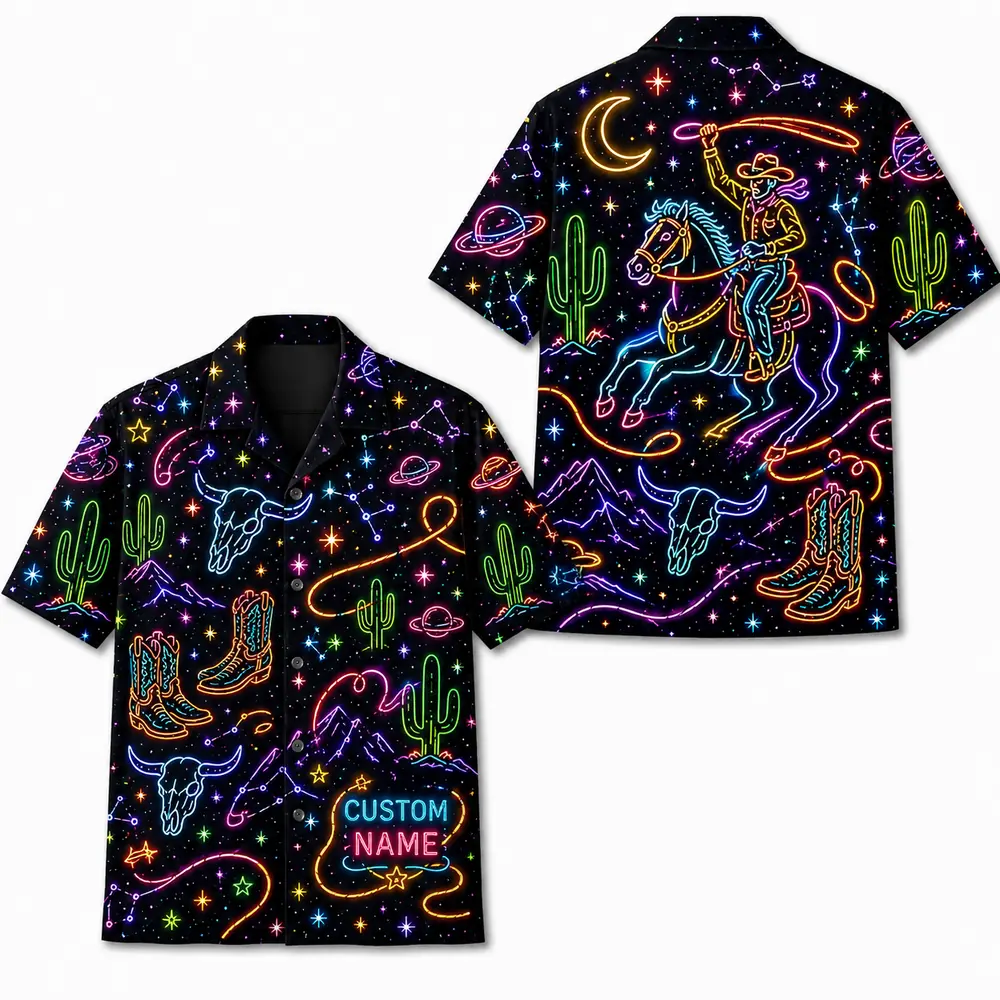 Personalized Western Cowboy Neon Hawaiian Shirt For Men And Women, Short Sleeve Funny Retro Desert Night, Custom Name Summer Button Down - Style 8