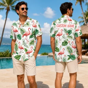 Personalized White Flamingo Hawaiian Shirt For Men And Women, Short Sleeve Tropical Summer Vacation Print, Custom Name Button Down - View 1
