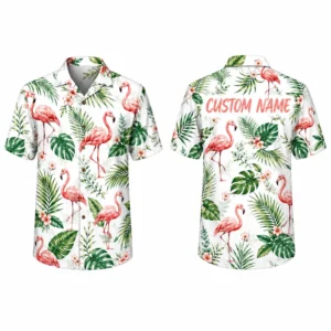 Personalized White Flamingo Hawaiian Shirt For Men And Women, Short Sleeve Tropical Summer Vacation Print, Custom Name Button Down