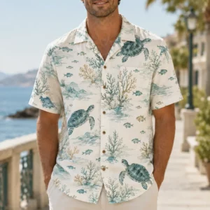 Sea Turtle Hawaiian Shirt For Men Women, Tropical Ocean Aloha Button Down Shirt, Beach Vacation Summer Resort Cruise Casual Wear