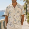 Seashell Hawaiian Shirt For Men Women, Starfish Coral Coastal Aloha Button Down Shirt, Beach Vacation Resort Cruise Summer Casual Wear