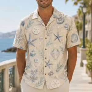 Seashell Hawaiian Shirt For Men Women, Starfish Coral Coastal Aloha Button Down Shirt, Beach Vacation Resort Cruise Summer Casual Wear