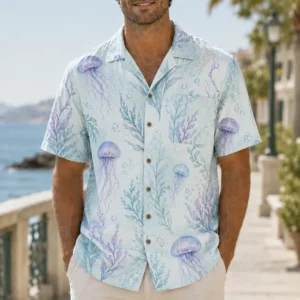 Unisex Short Sleeve Hawaiian Shirt, Jellyfish Print Button-Down Beach Top, Casual Summer Vacation Apparel For Men And Women, Lightweight Fabric