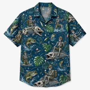 Veteran Skeleton Fishing Hawaiian Shirt For Men Women Youth, Skeleton Bass Fish Bone Summer Shirt, Tropical Outdoor Fisherman Gift Tee - Style 1