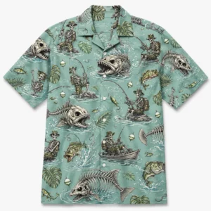 Veteran Skeleton Fishing Hawaiian Shirt For Men Women Youth, Skeleton Bass Fish Bone Summer Shirt, Tropical Outdoor Fisherman Gift Tee - Style 2